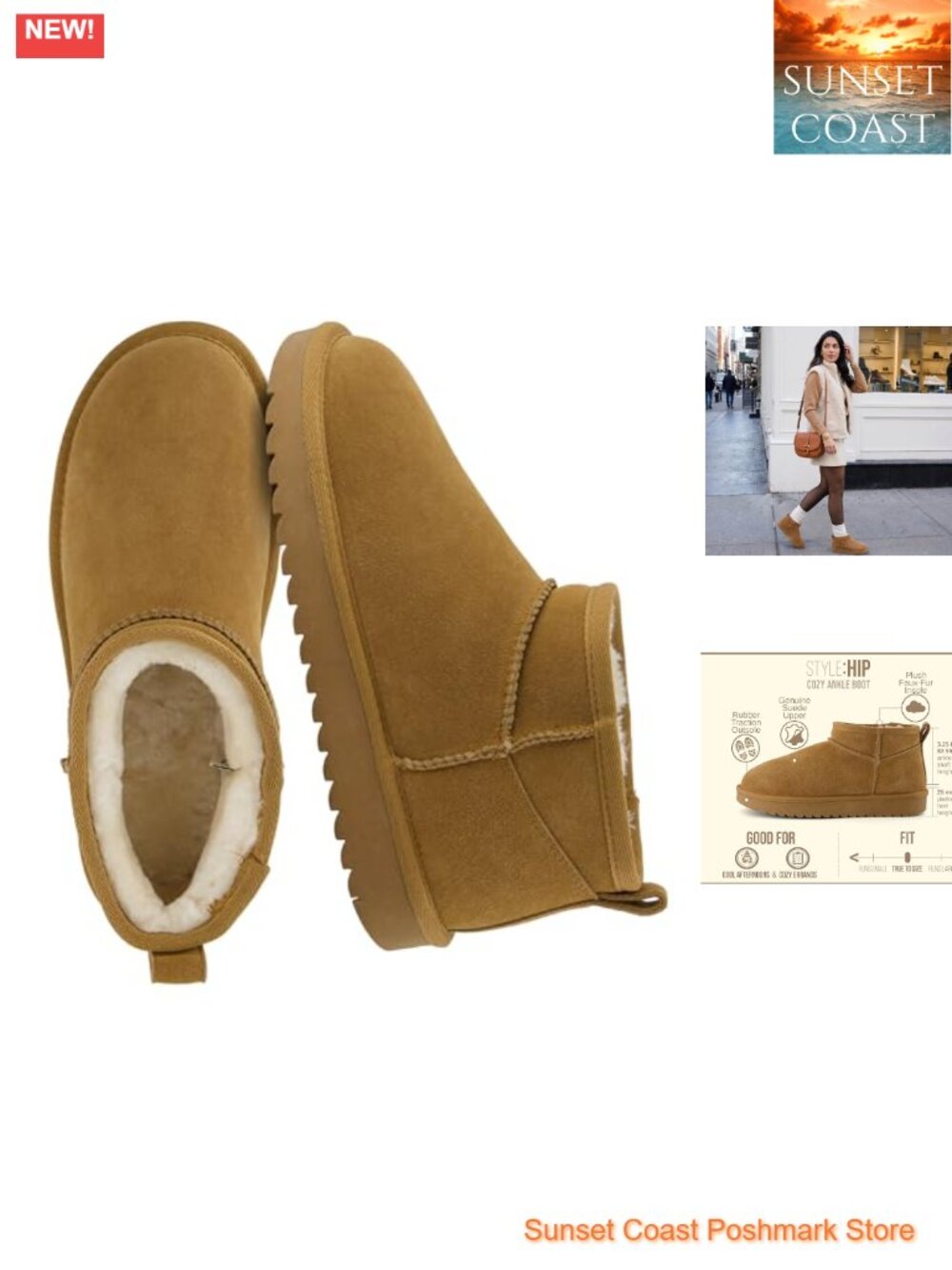 Genuine Suede Ankle Boots Pull On Faux Fur Lined Memory Foam